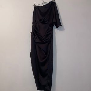 Midi, silky black dress one shoulder